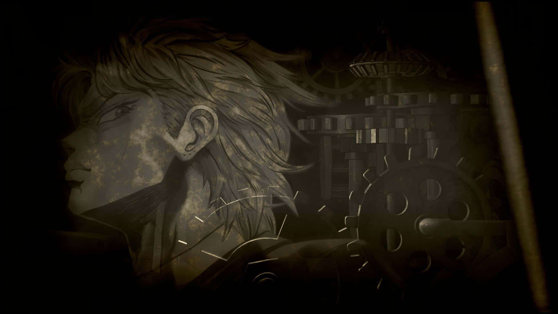 Dio Brando 桌布 壁紙 — 一幅陰鬱的動漫風格肖像，描繪一位頭髮蓬亂的年輕男子，在昏暗光線中站在複雜的機械齒輪旁。