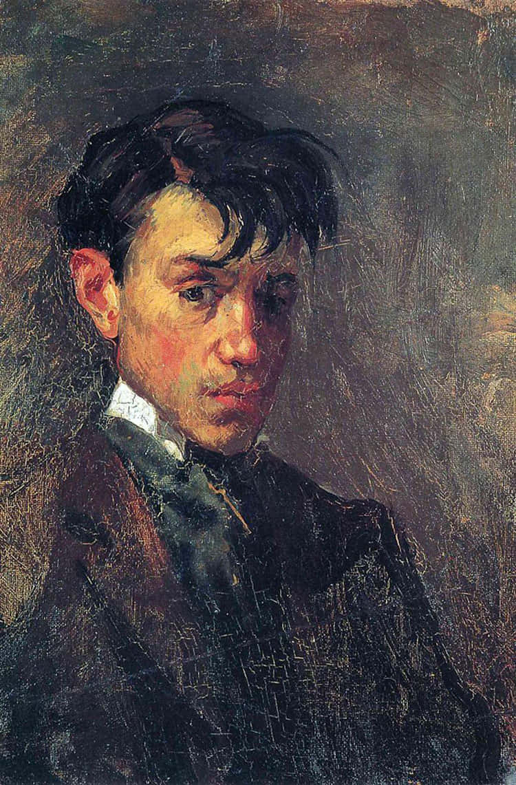 Picasso 桌布 壁紙 — 一幅陰鬱的油畫肖像，描繪一位黑髮、眼神銳利的年輕男子，身穿深色西裝和領結。