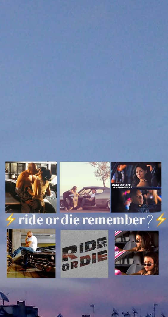 Fast And Furious Desktop 桌布 壁紙 — 一幅電影場景拼貼畫，包含汽車和角色，並帶有文字「ride or die remember?」，背景為暮色天空。