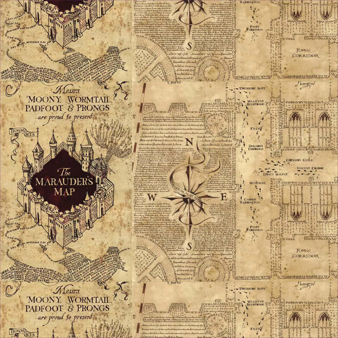 The Marauder's Map 桌布 壁紙 — 一幅霍格華茲的舊羊皮紙地圖，上面有詳細的手繪走廊名稱和羅盤玫瑰。