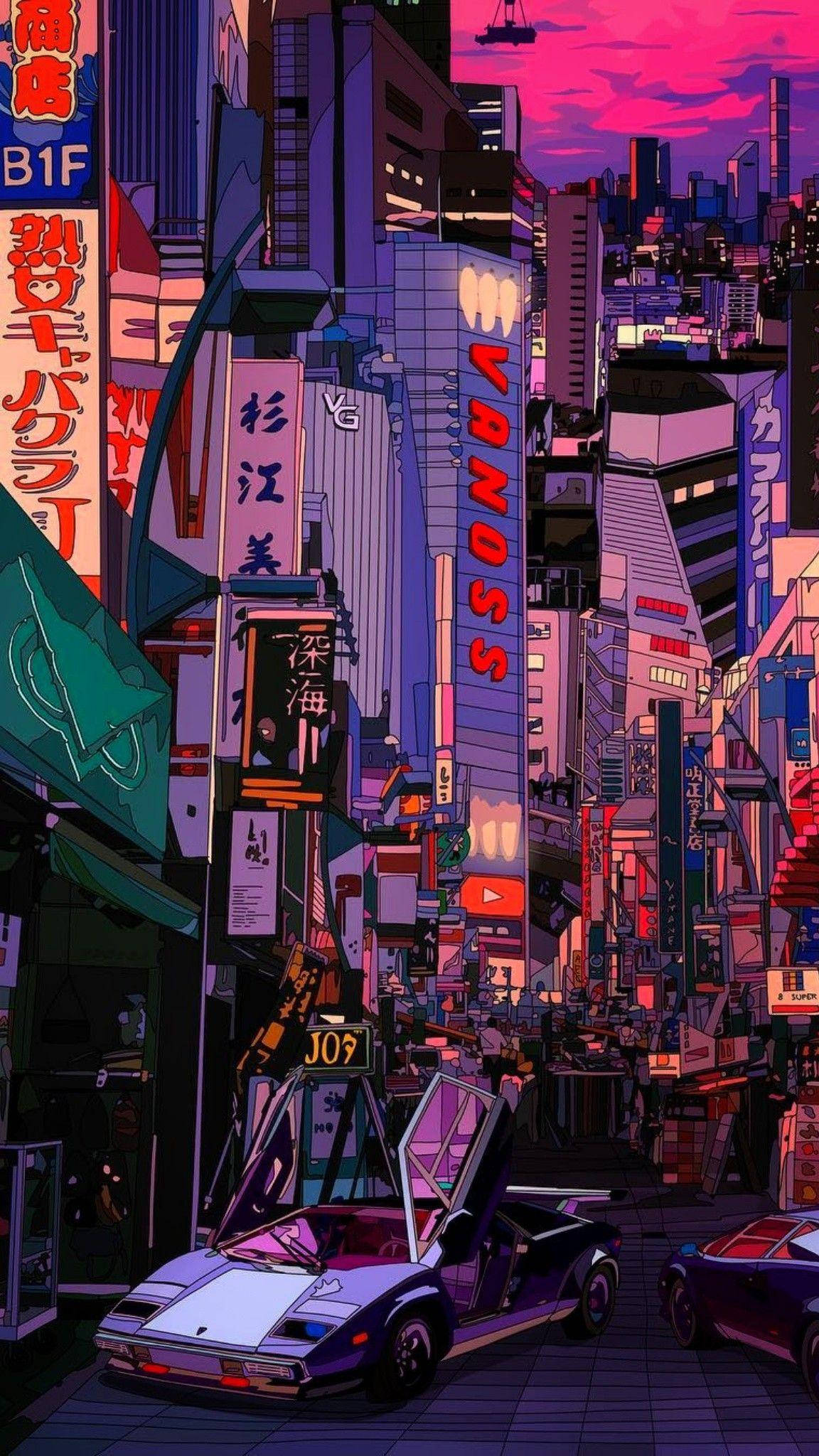 東京 桌布 壁紙 — 一幅霓虹燈閃爍的賽博龐克城市景觀，黃昏時分，高聳的建築物和發光的招牌圍繞著一輛紫色跑車。