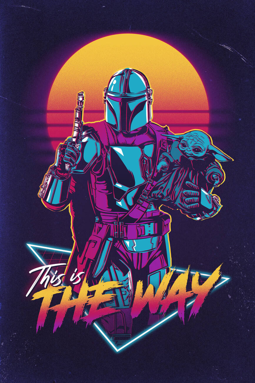 This Is The Way 桌布 壁紙 — 一幅霓虹燈風格的插圖，描繪曼達洛人抱著古古，背景是發光的日落，下方有粗體文字。