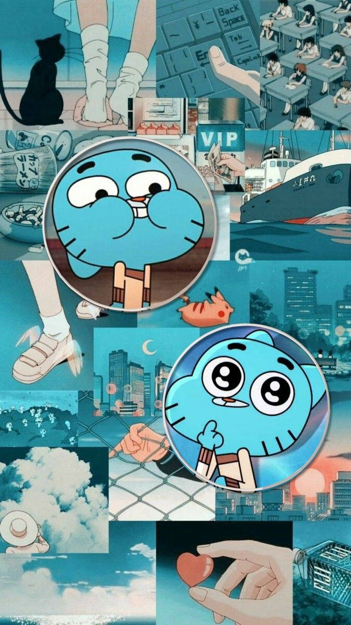 Gumball Aesthetic 桌布 壁紙 — 一幅青綠色調的動漫拼貼畫，以圓形框架展示Gumball Watterson，穿插教室、城市景觀和一隻貓的場景，喚起年輕的懷舊感。