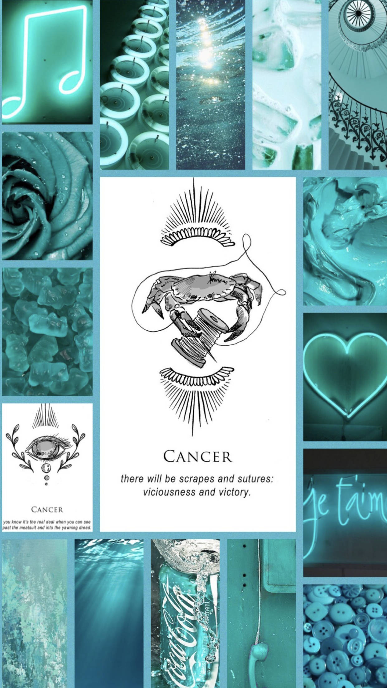 Cancer Aesthetic 桌布 壁紙 — 一幅青綠色調的拼貼畫，中央是螃蟹刺青設計，周圍環繞著霓虹燈牌、玫瑰和水下圖像。