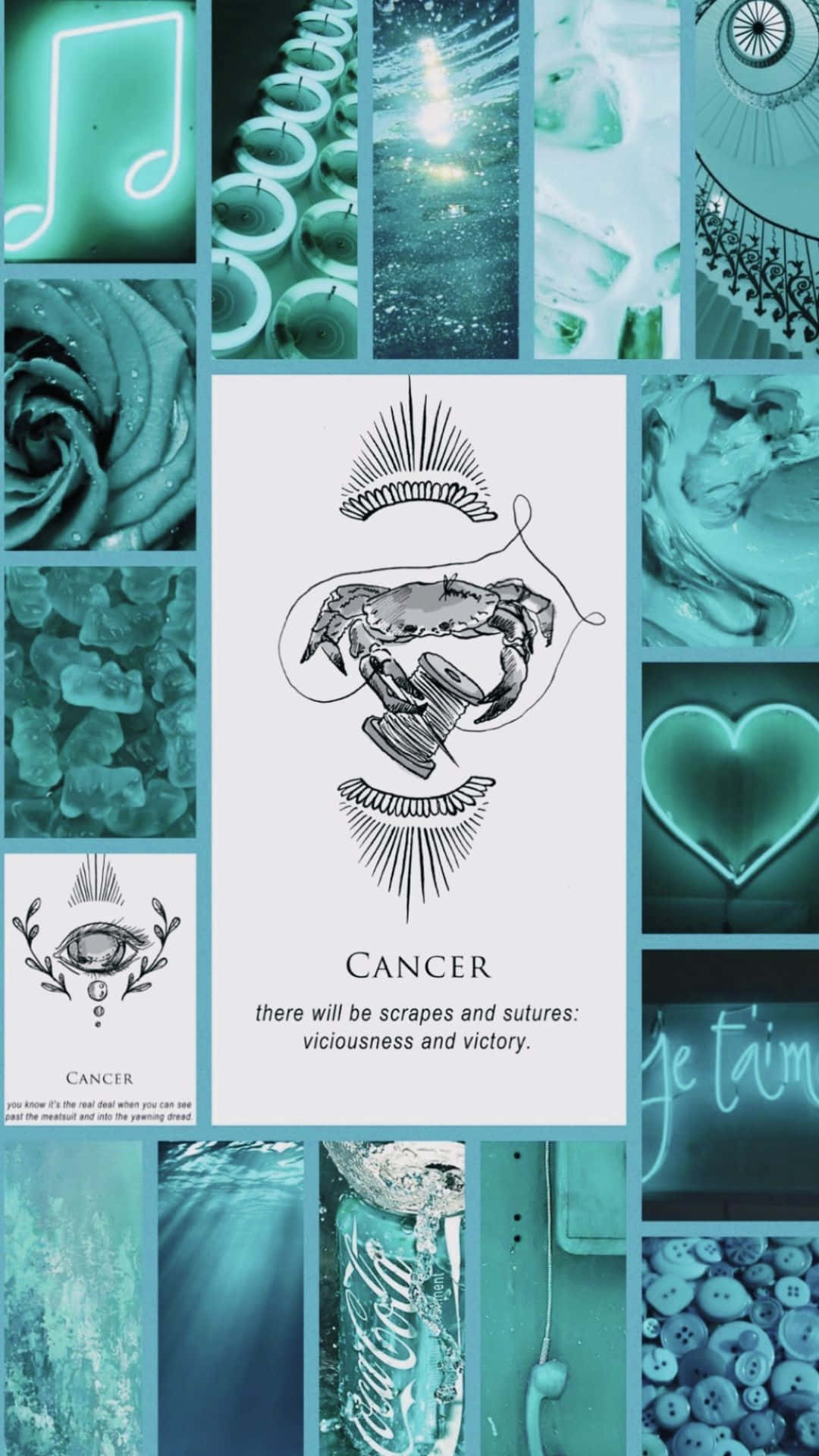 cancer 桌布 壁紙 — 一幅青綠色調的拼貼畫，中央為蟹形刺青設計，周圍環繞著抽象圖案和象徵性圖像。