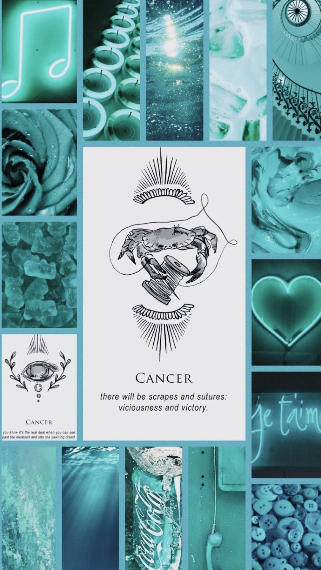 zodiac 桌布 壁紙 — 一幅青綠色調的拼貼畫，以中央的螃蟹紋身設計為特色，周圍環繞著抽象圖案和象徵性圖像。