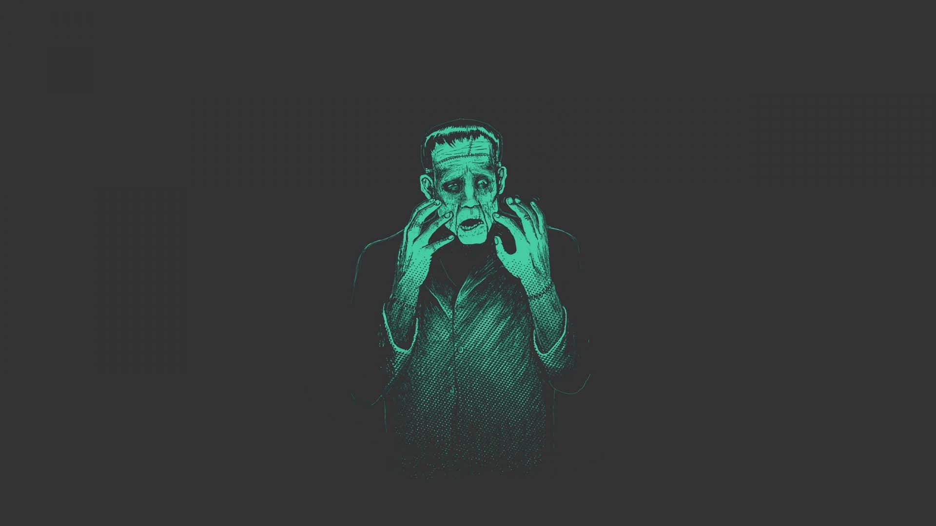 1920 X 1080 Minimalist 桌布 壁紙 — 一幅青綠色調的科學怪人插圖，帶有縫合疤痕和舉起的雙手，背景為深色網格。