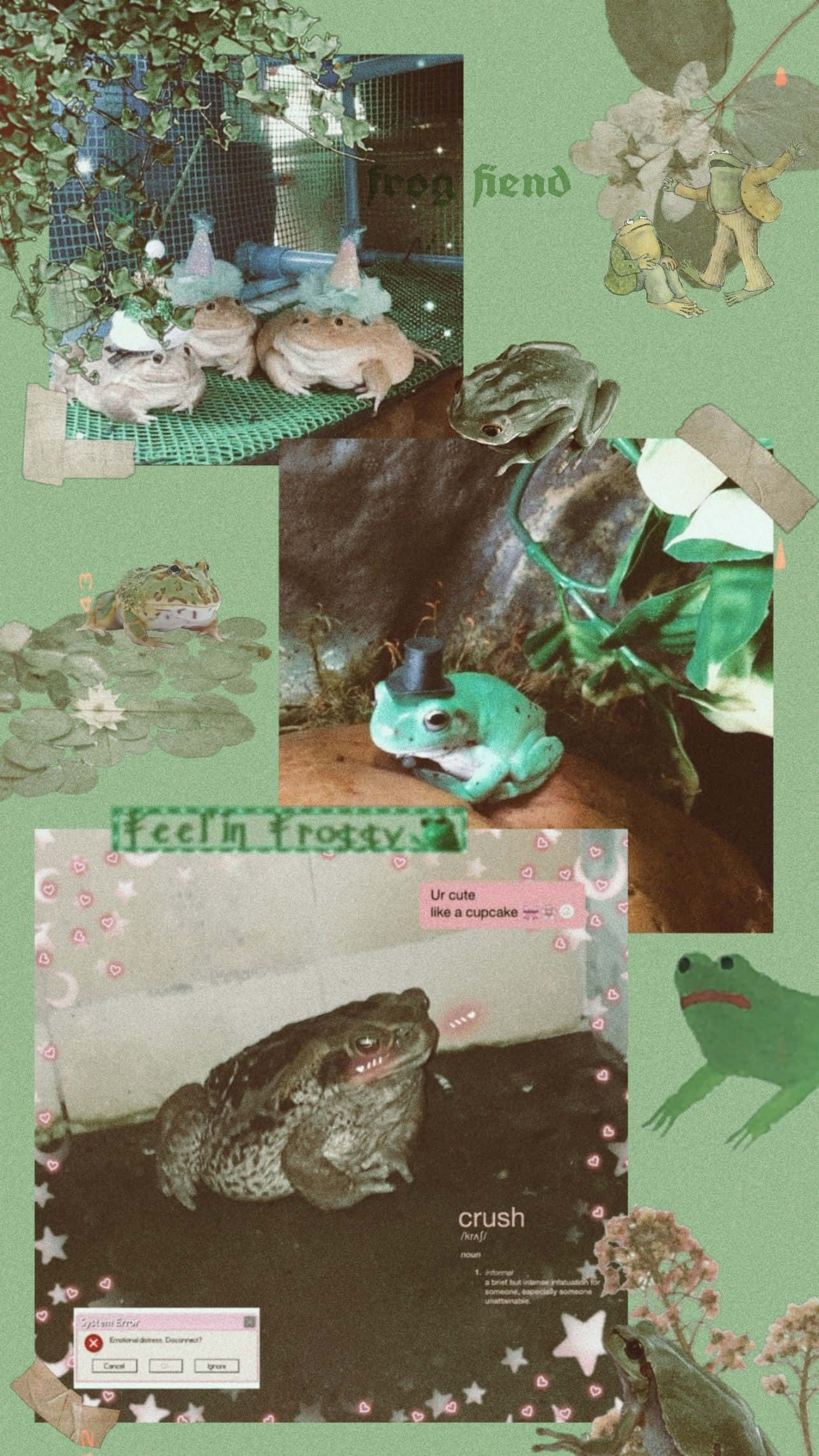 Aesthetic Frog 桌布 壁紙 — 一幅青蛙拼貼畫，青蛙身處奇幻場景，戴著帽子，並在薄荷綠色背景上疊加文字。