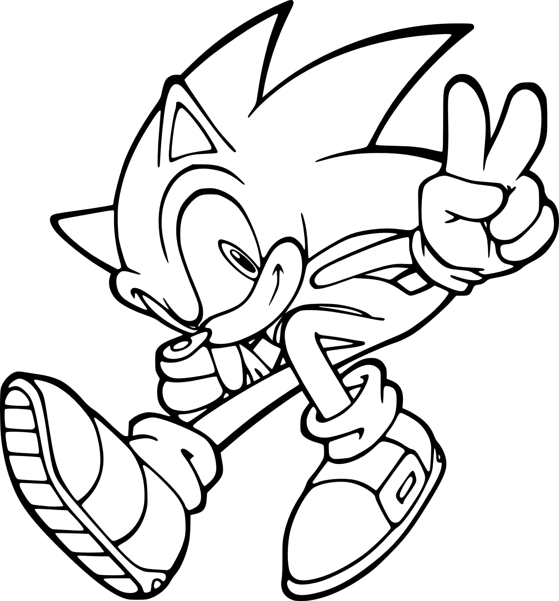 黑白 桌布 壁紙 — 一幅音速小子（Sonic the Hedgehog）做出和平手勢、表情愉快的黑白線條畫。