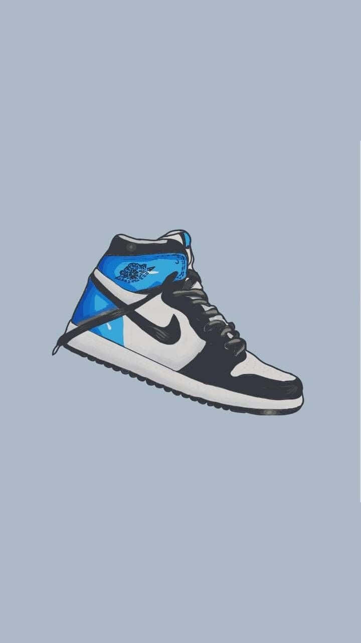 Jordan Art 桌布 壁紙 — 一幅風格化插圖，展示一雙藍、黑、白色高筒運動鞋漂浮在柔和的薰衣草色背景上。