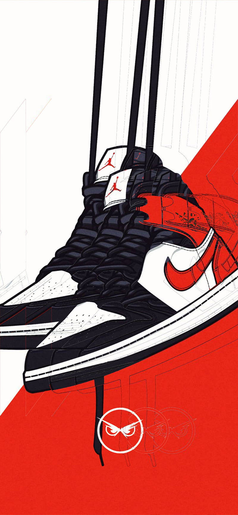 Jordan 桌布 壁紙 — 一幅風格化插圖，展示黑色和紅色的Air Jordan運動鞋，鞋帶懸掛在鮮明的紅色和白色幾何背景前。