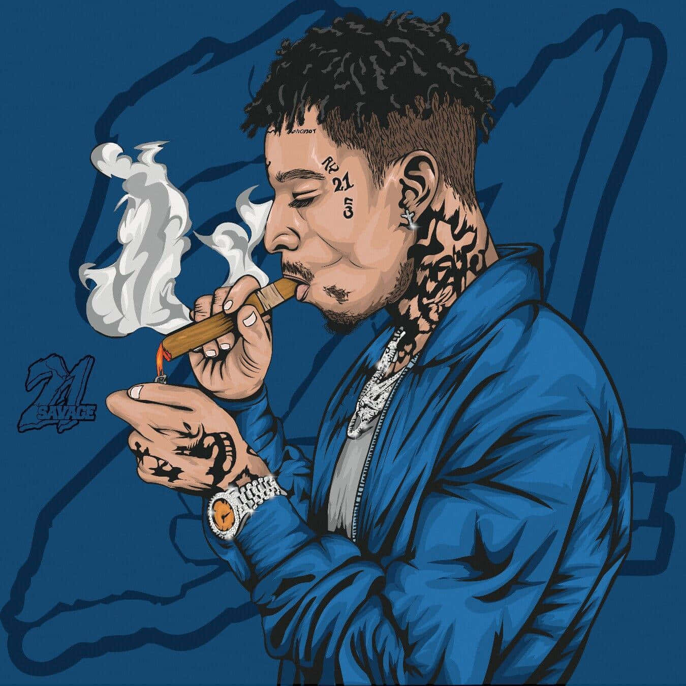 說唱歌手 桌布 壁紙 — 一幅風格化插圖，描繪 21 Savage 抽雪茄，煙霧在深藍色背景上裊裊上升。