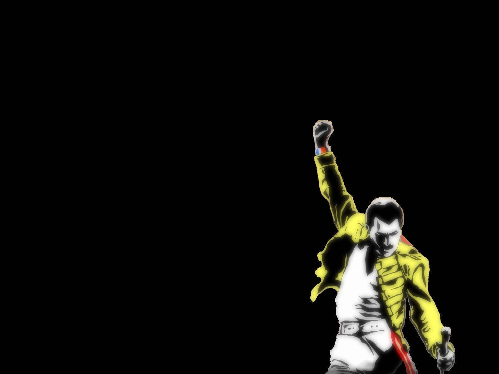女王 桌布 壁紙 — 一幅風格化插圖，描繪 Freddie Mercury 身穿黃色外套，在黑色背景上舉起拳頭。