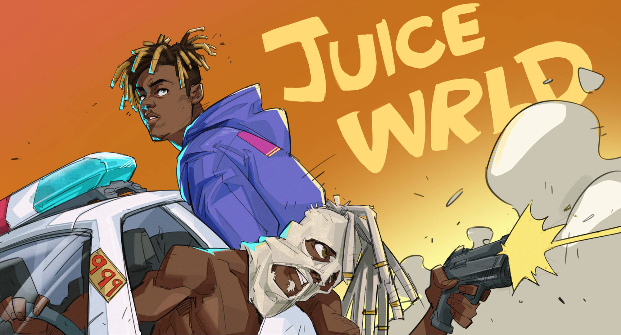 Juice Wrld Desktop 桌布 壁紙 — 一幅風格化插圖，描繪 Juice WRLD 靠在一輛警車上，一個戴面具的人物手持槍支，背景是橙色日落。