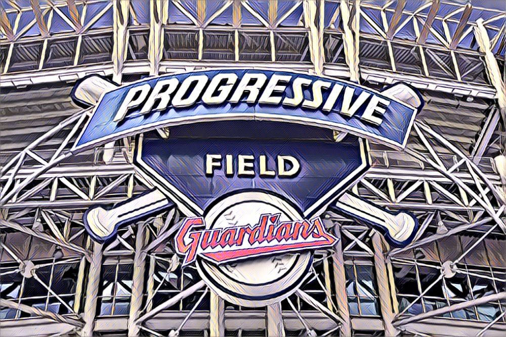 Cleveland Guardians 桌布 壁紙 — 一幅風格化插圖，描繪 Progressive Field Guardians 棒球場標誌，帶有交叉球棒和鋼桁架結構。