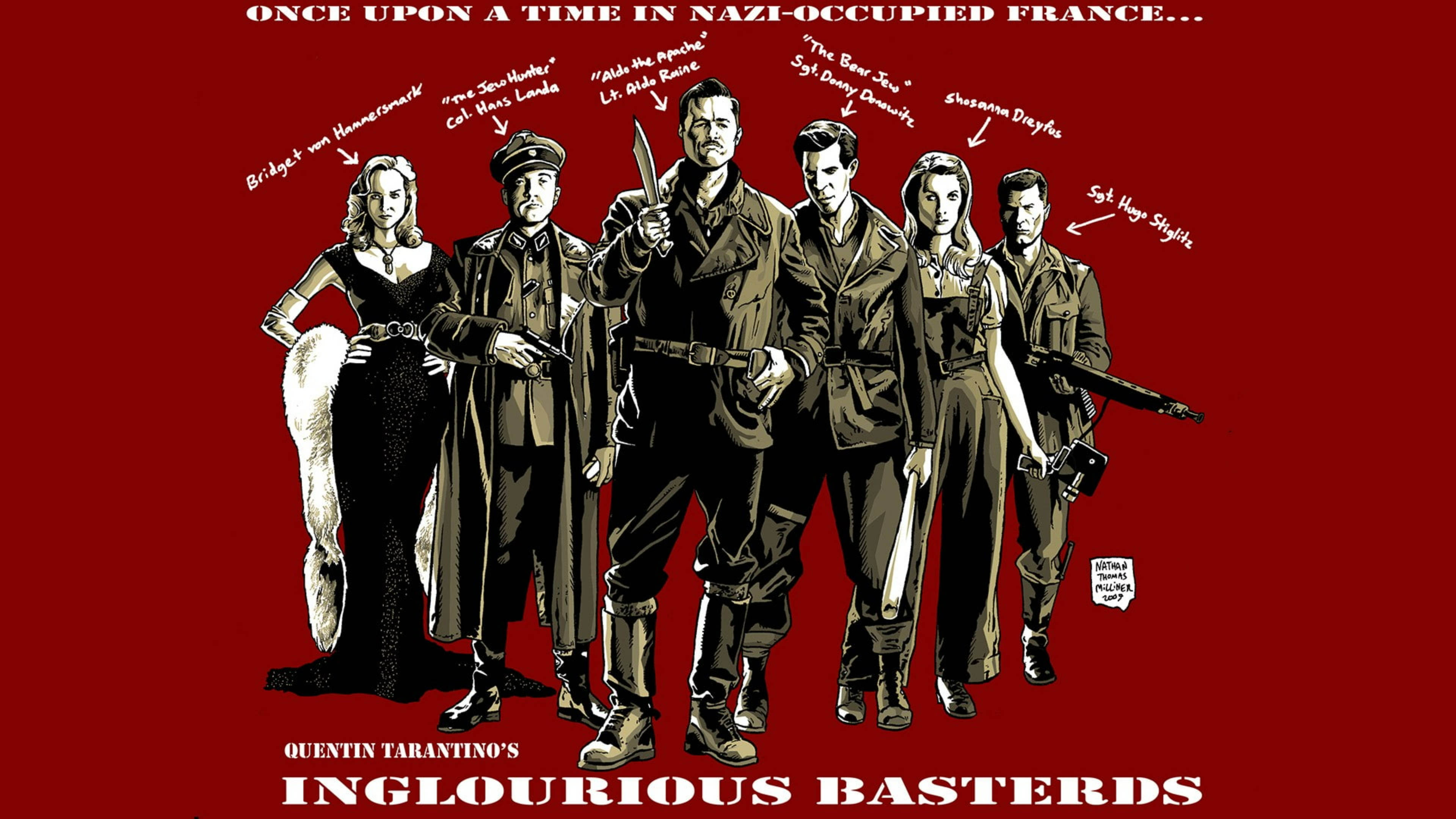Inglourious Basterds 桌布 壁紙 — 一幅風格化插圖，描繪《惡棍特工》中的六個角色站在大膽的紅色背景前，帶有白色文字。