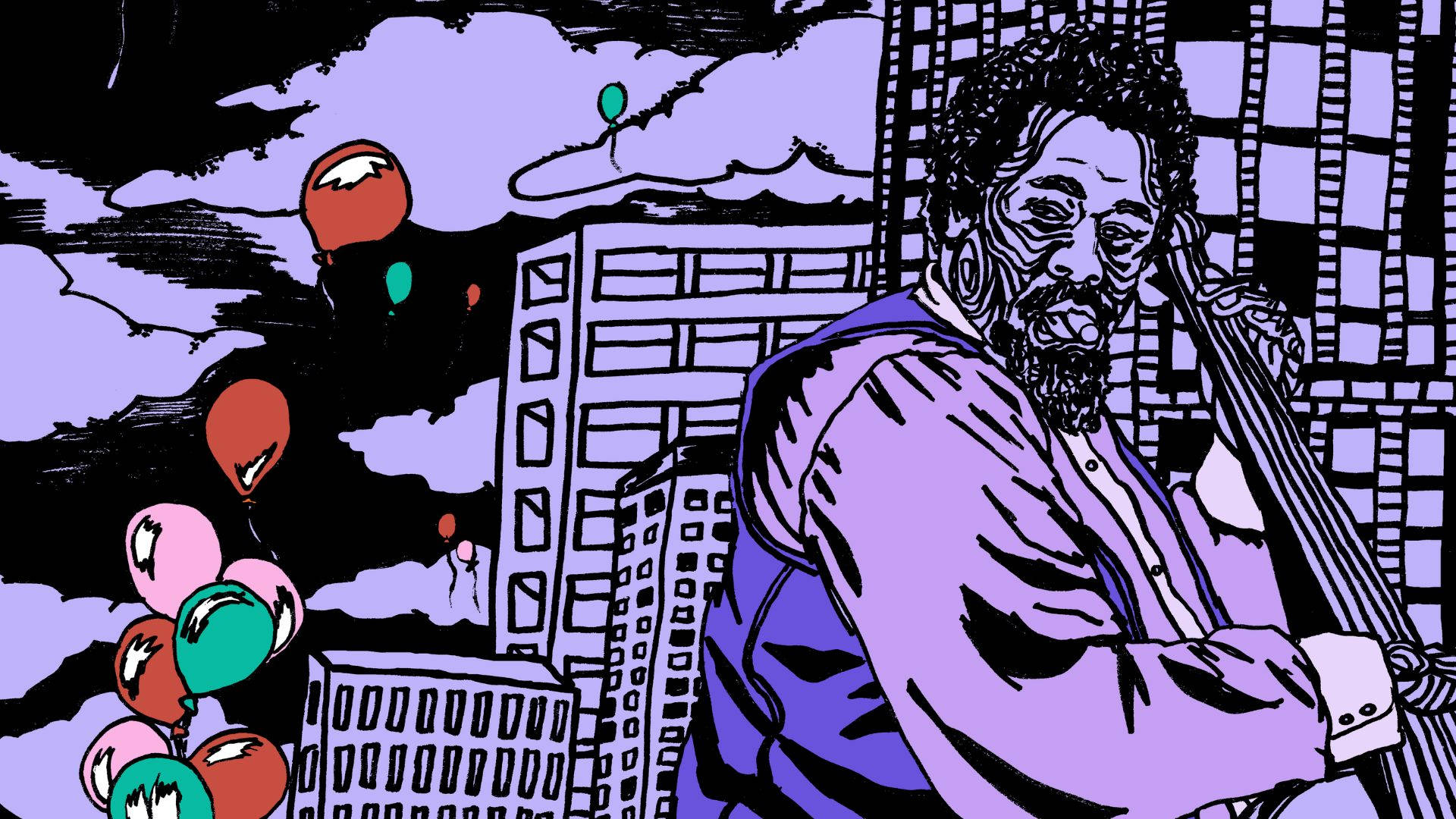 guitar player 桌布 壁紙 — 一幅風格化插圖，描繪一位留鬍鬚的男子在紫色城市景觀和漂浮氣球前拿著大提琴。