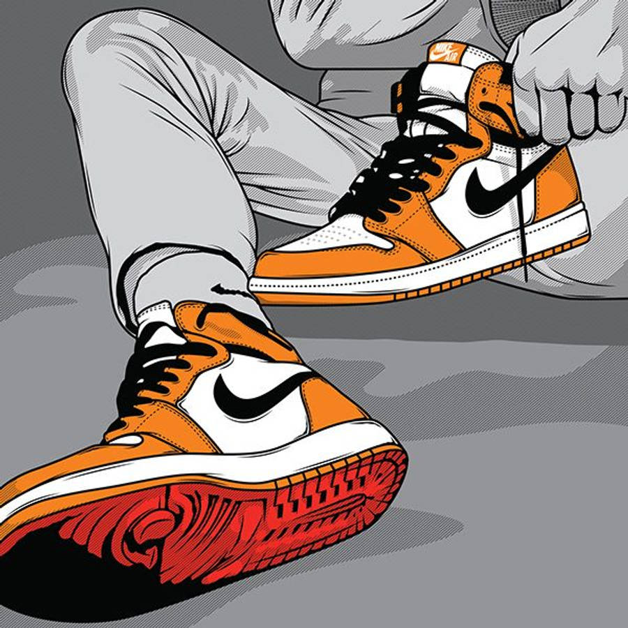 Air Jordan 桌布 壁紙 — 一幅風格化插圖，描繪一個人在灰色背景前調整鮮豔的橙色和白色Nike運動鞋，鞋底為紅色。