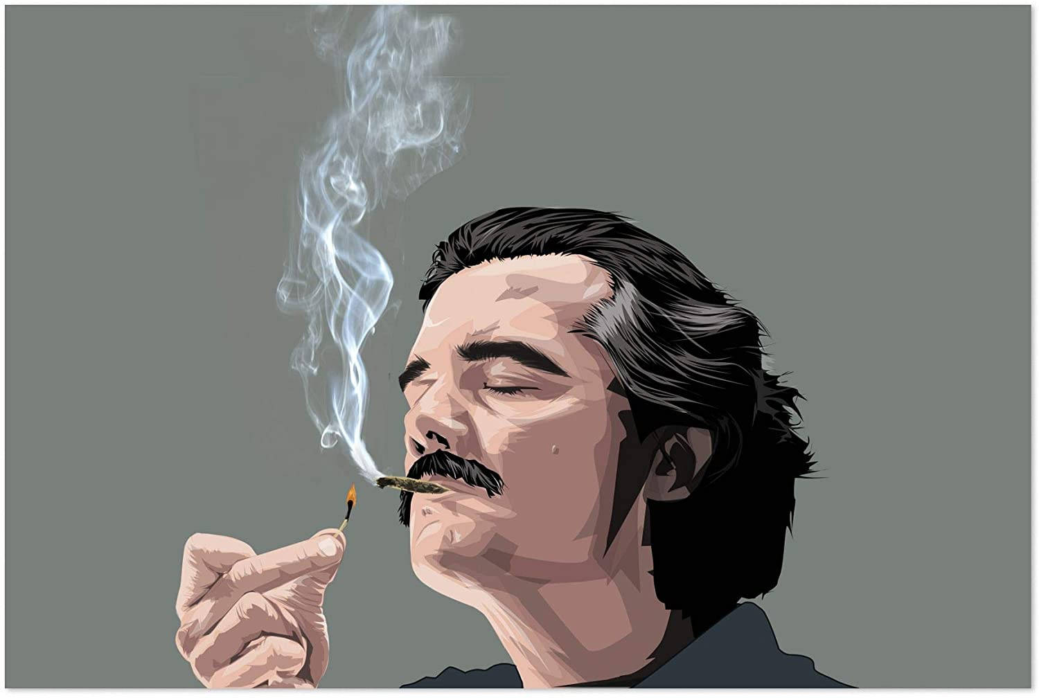 Pablo 桌布 壁紙 — 一幅風格化插圖，描繪一個留鬍子的男人在純灰色背景上吸食大麻煙，煙霧裊裊上升。