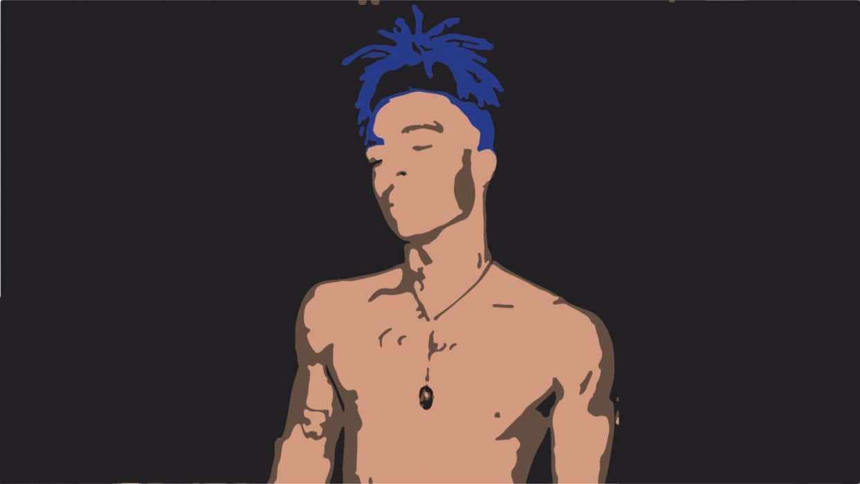 XXXTENTACION 桌布 壁紙 — 一幅風格化插圖，描繪一名赤裸上身的男子，擁有鮮豔的藍色頭髮和閉上的眼睛，背景為深色。