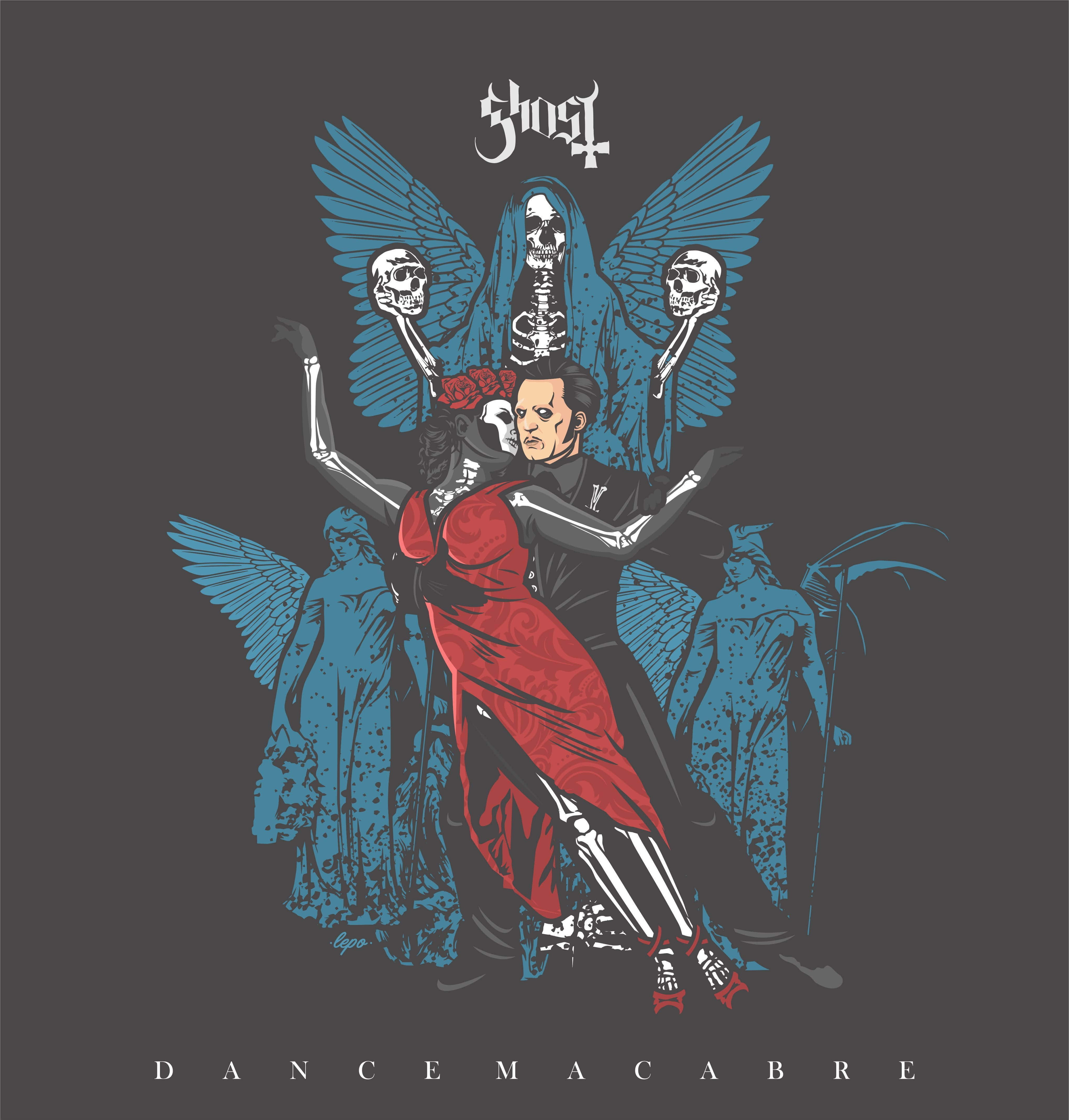 macabre 桌布 壁紙 — 一幅風格化插圖，描繪一男一女與骷髏人物和藍翼天使在深灰色背景上跳舞。
