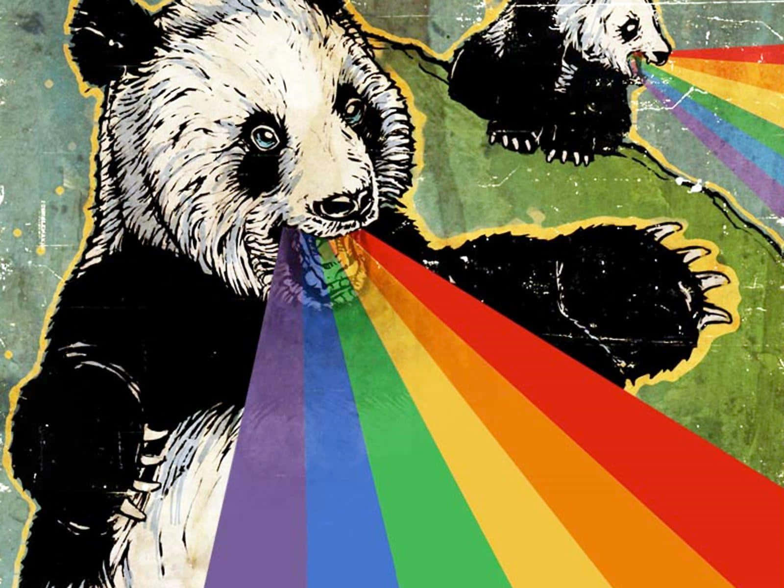迷幻 桌布 壁紙 — 一幅風格化插圖，描繪一隻熊貓在紋理綠色背景上從口中吹出鮮豔的彩虹光束。