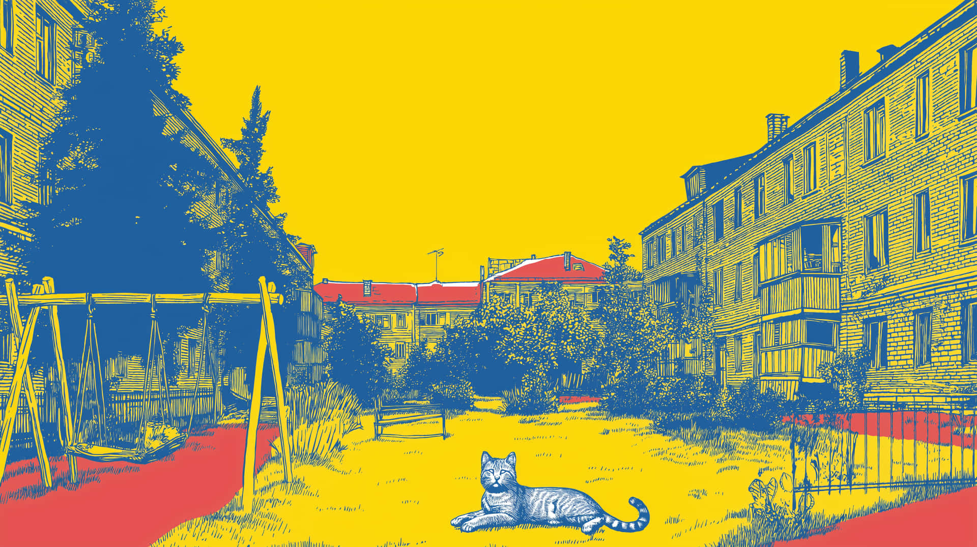 Vibrant Illustration: Cat in Soviet Courtyard with Buildings 壁紙 — 一幅風格化插圖，描繪一隻貓在磚砌公寓樓之間的中庭裡，在充滿活力的黃色天空下閒逛。