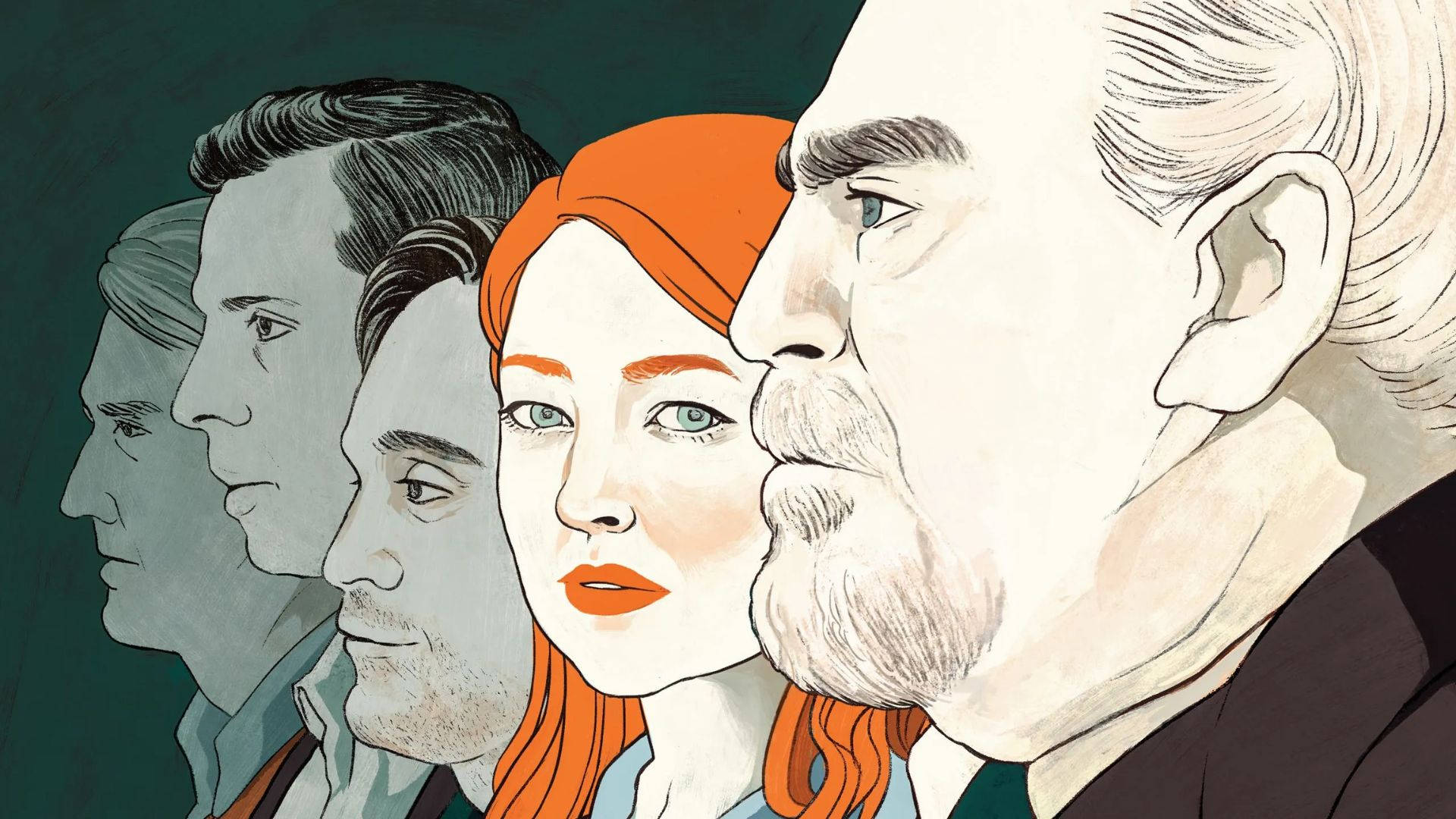 Succession 桌布 壁紙 — 一幅風格化插圖，描繪五個人的側面，以一位充滿活力的紅髮女性為中心，背景為深藍綠色。