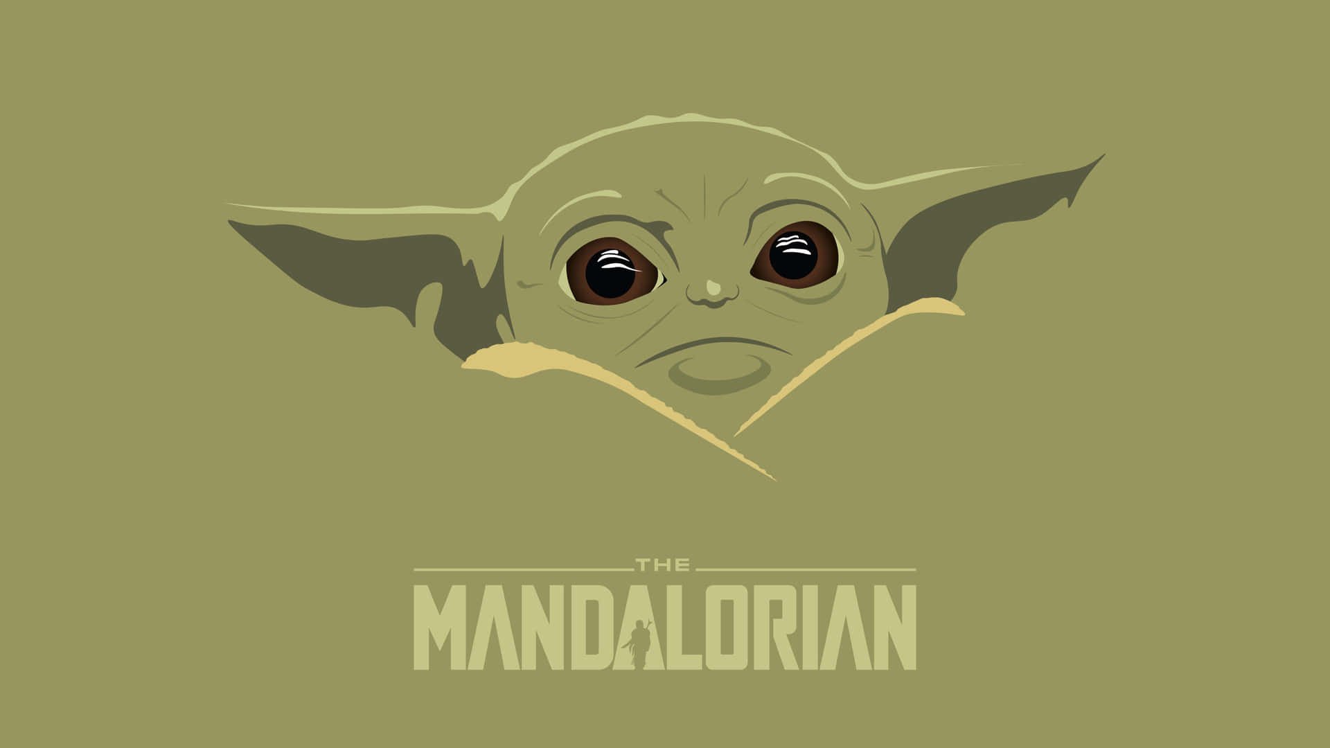 Baby Yoda Aesthetic 桌布 壁紙 — 一幅風格化插圖，描繪古古在柔和的橄欖綠背景下，從毯子上方探出頭來，睜著一雙充滿好奇的大眼睛。