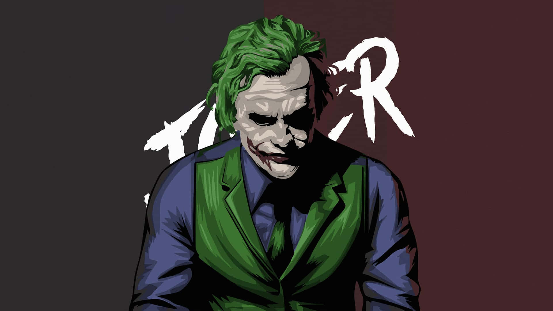 小丑 桌布 壁紙 — 一幅風格化插圖，描繪小丑（Joker）擁有綠色頭髮和陰險的笑容，背景為深色分割背景。