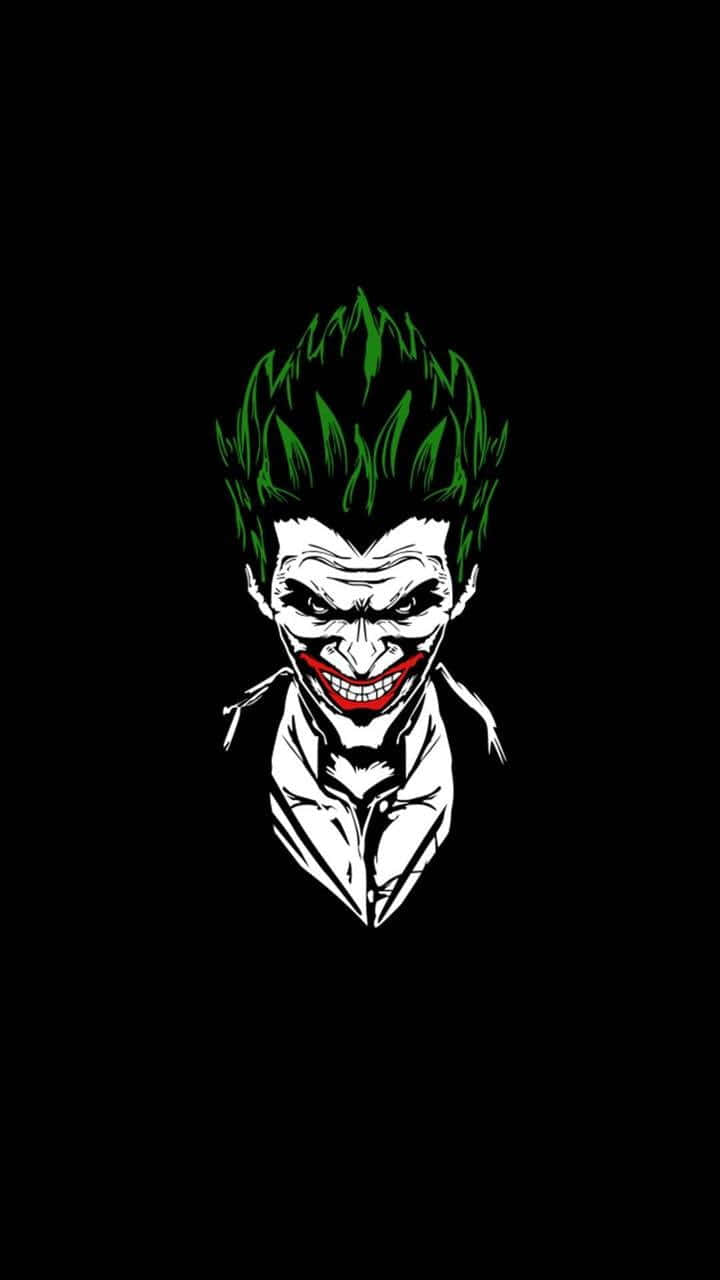 Joker Art 桌布 壁紙 — 一幅風格化插圖，描繪小丑，擁有綠色尖刺頭髮和寬闊的紅色咧嘴笑，背景為黑色。