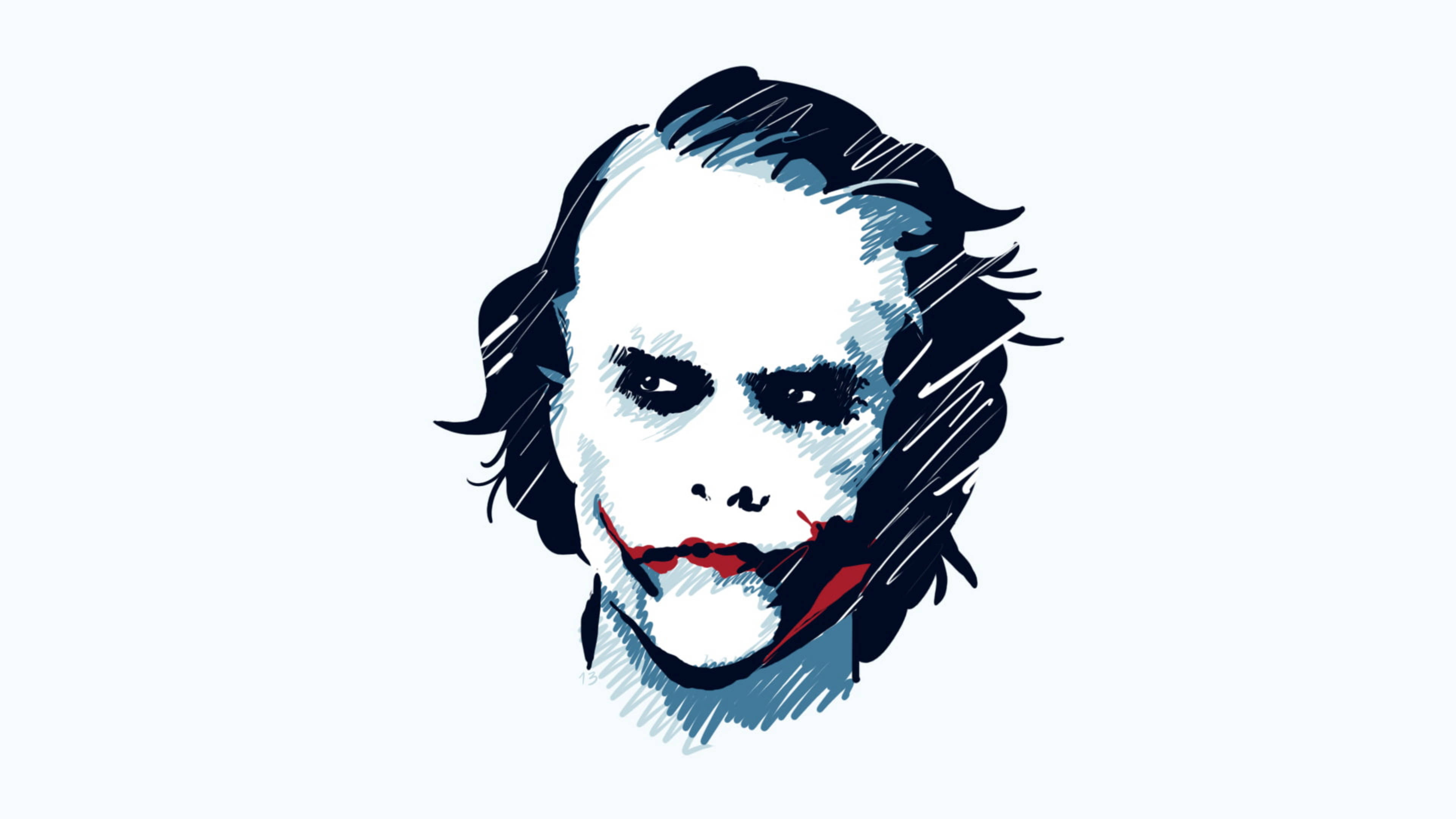Joker Drawing 桌布 壁紙 — 一幅風格化插圖，描繪小丑，白色臉龐、紅色嘴唇和深色頭髮，背景為純色。