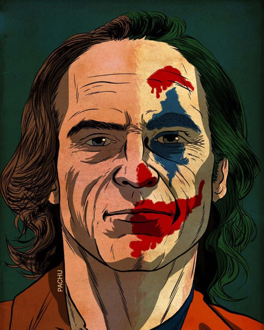 Man 桌布 壁紙 — 一幅風格化插圖，描繪小丑半邊臉塗上紅色和藍色化妝，背景為深藍綠色。