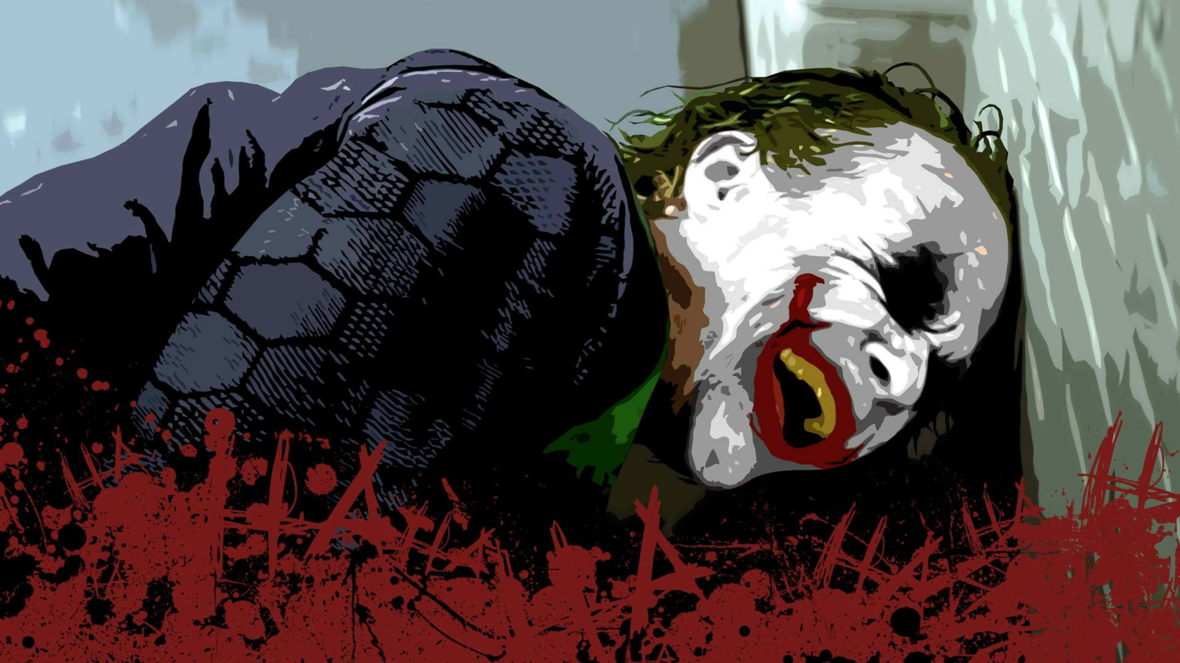 Dark Knight Joker In 4K Ultra HD 桌布 壁紙 — 一幅風格化插圖，描繪小丑在灰色牆壁前，倒臥在紅色飛濺的水坑中。