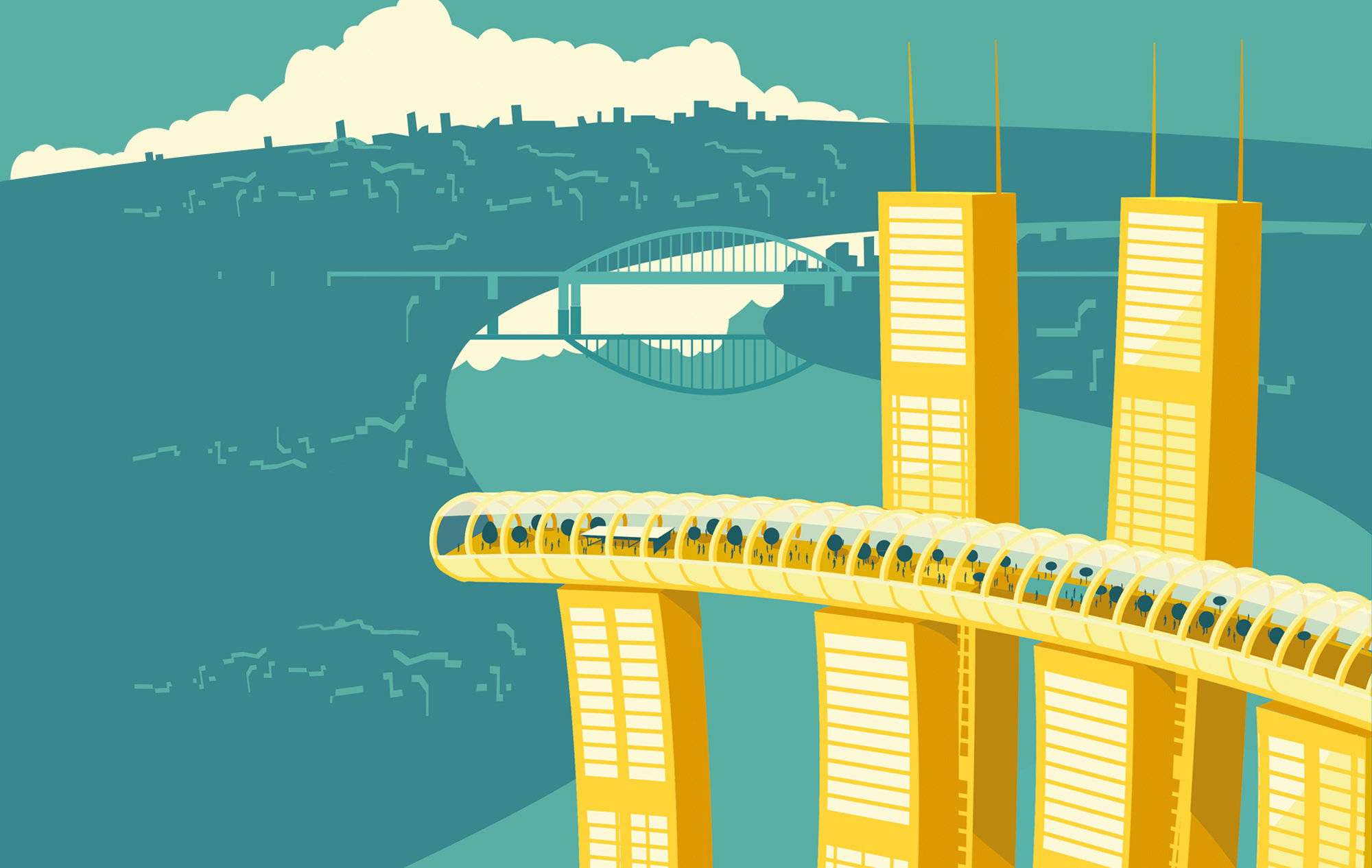 Chongqing 桌布 壁紙 — 一幅風格化插圖，描繪未來主義的黃色空中走廊連接雙子塔，下方是青綠色的城市景觀，遠處有一座橋樑。