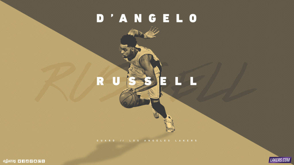 身穿湖人隊球衣的D'Angelo Russell在風格化插圖中運球。