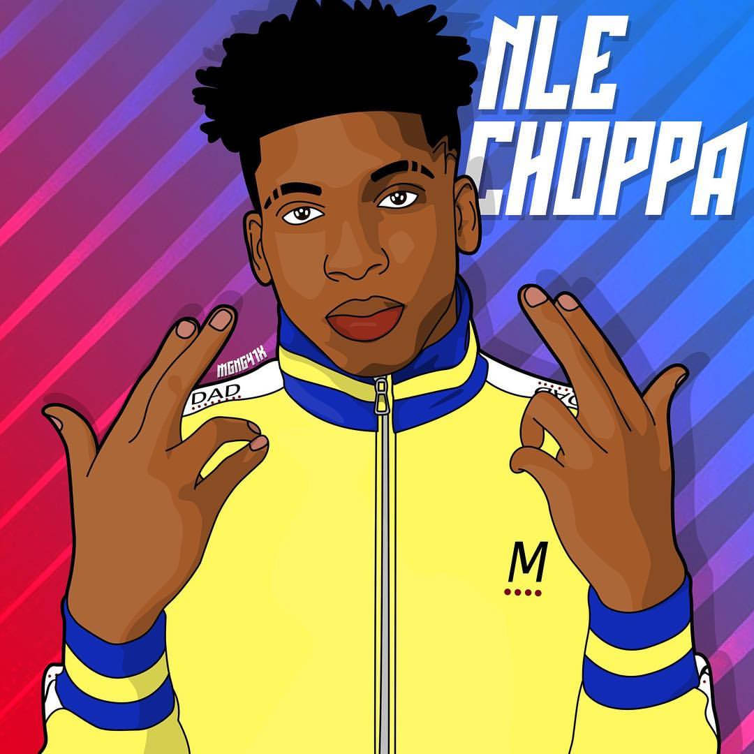 說唱歌手 NLE Choppa 身穿黃色外套做出手勢的插圖。
