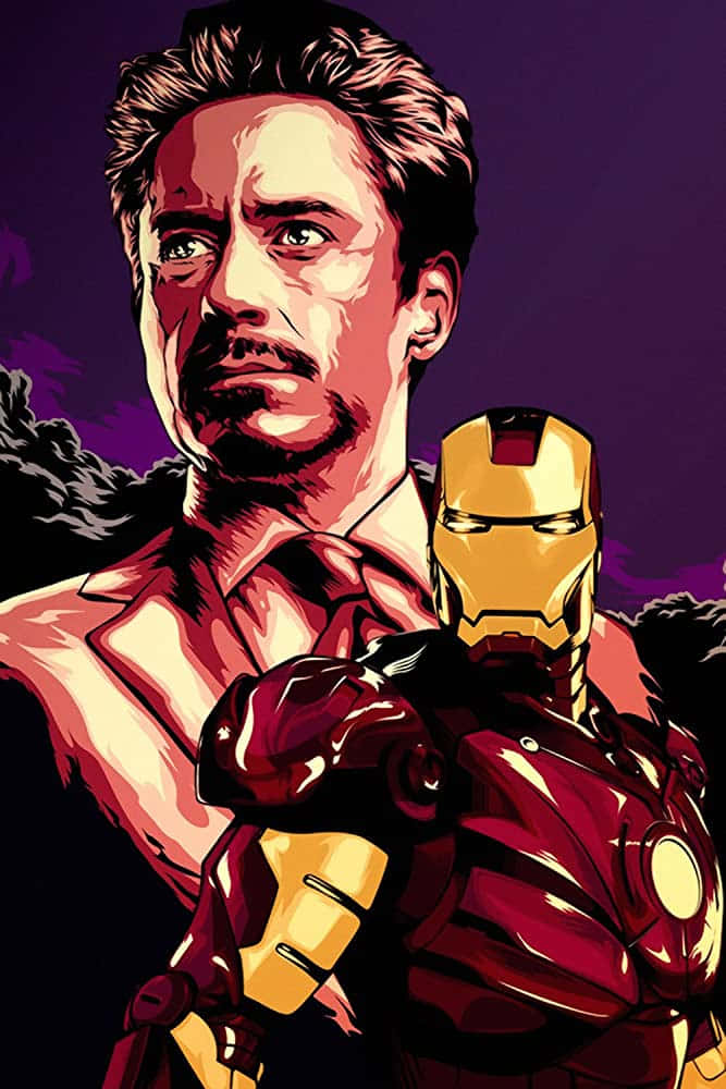 Iron Man Fan Art 桌布 壁紙 — 一幅風格化插圖，描繪身穿西裝的東尼·史塔克站在他的鋼鐵人裝甲旁邊，背景為紫色。