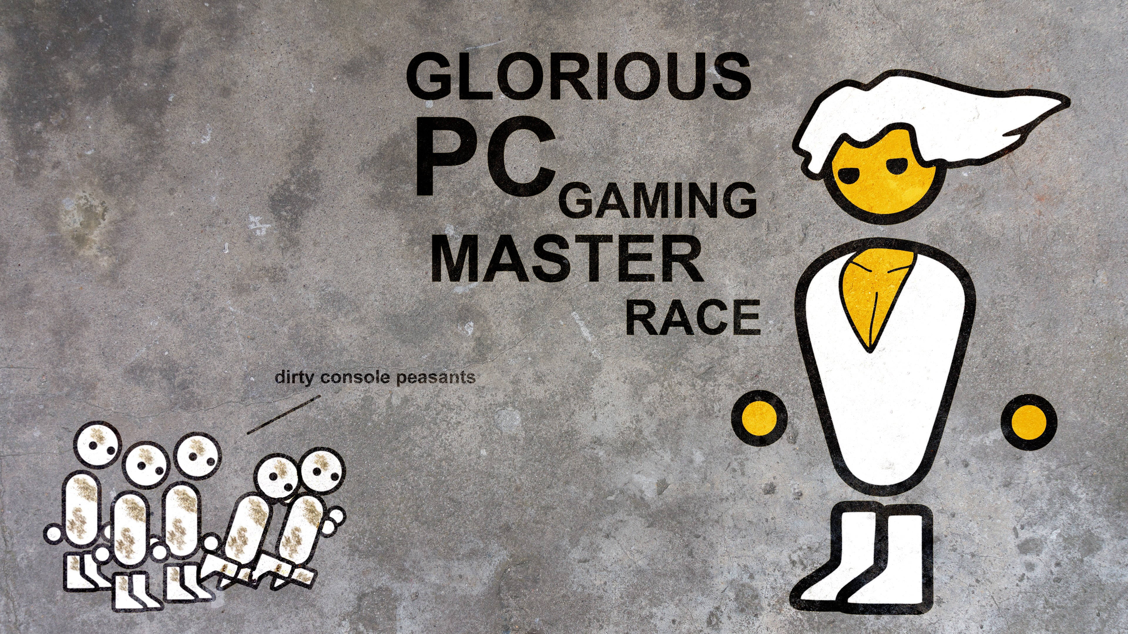 meme 桌布 壁紙 — 一幅風格化插圖展示一位高貴的PC遊戲玩家，白色頭髮帶黃色點綴，站在一群被標記為骯髒主機農民的人上方，背景是灰色混凝土。