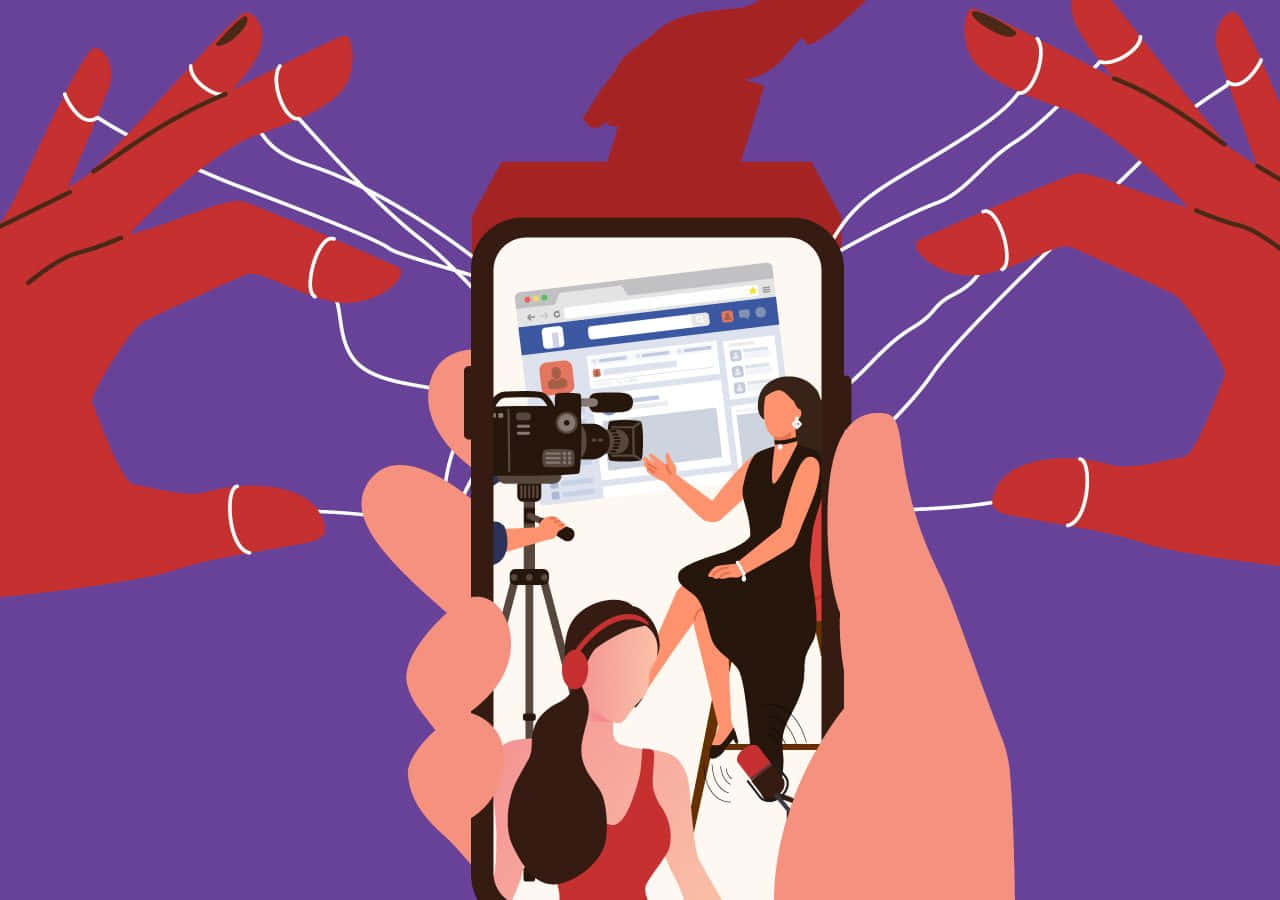 Media 桌布 壁紙 — 一幅風格化插圖顯示一個人在手機螢幕上拍攝串流主播，而紅色手從後面拉動電線。