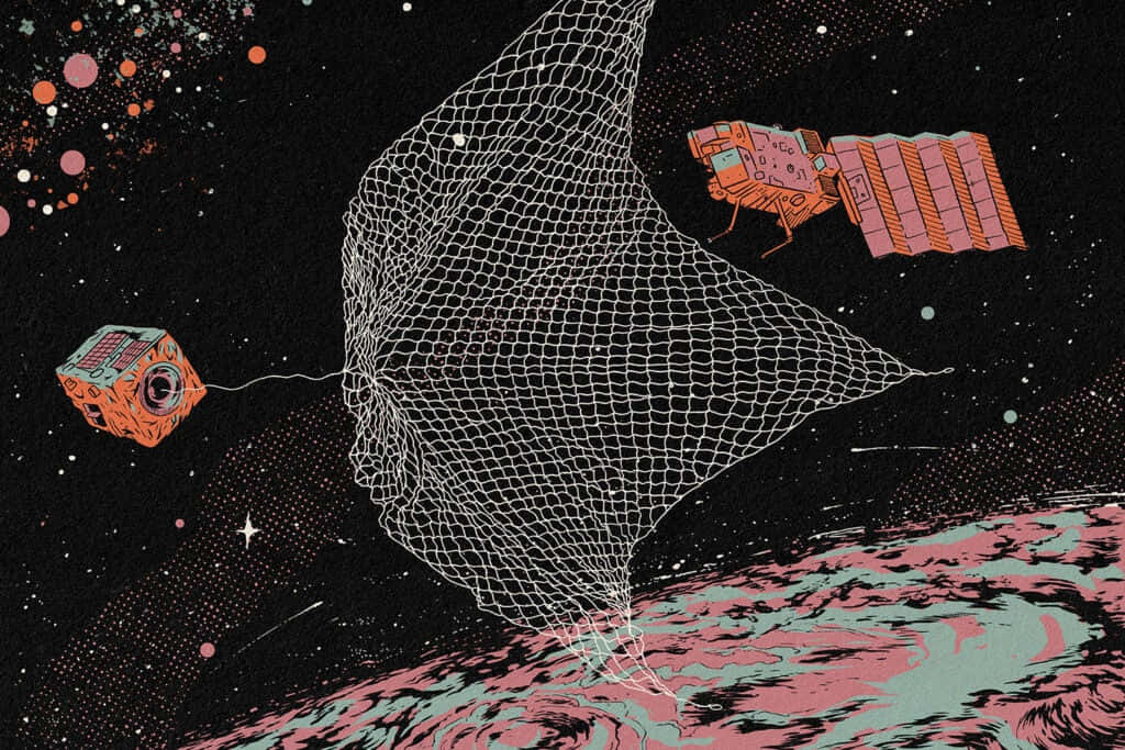 Space Debris 桌布 壁紙 — 一幅風格化插圖顯示兩顆衛星在星空黑色背景下，於一顆粉紅和青綠色的行星上部署一張大網。