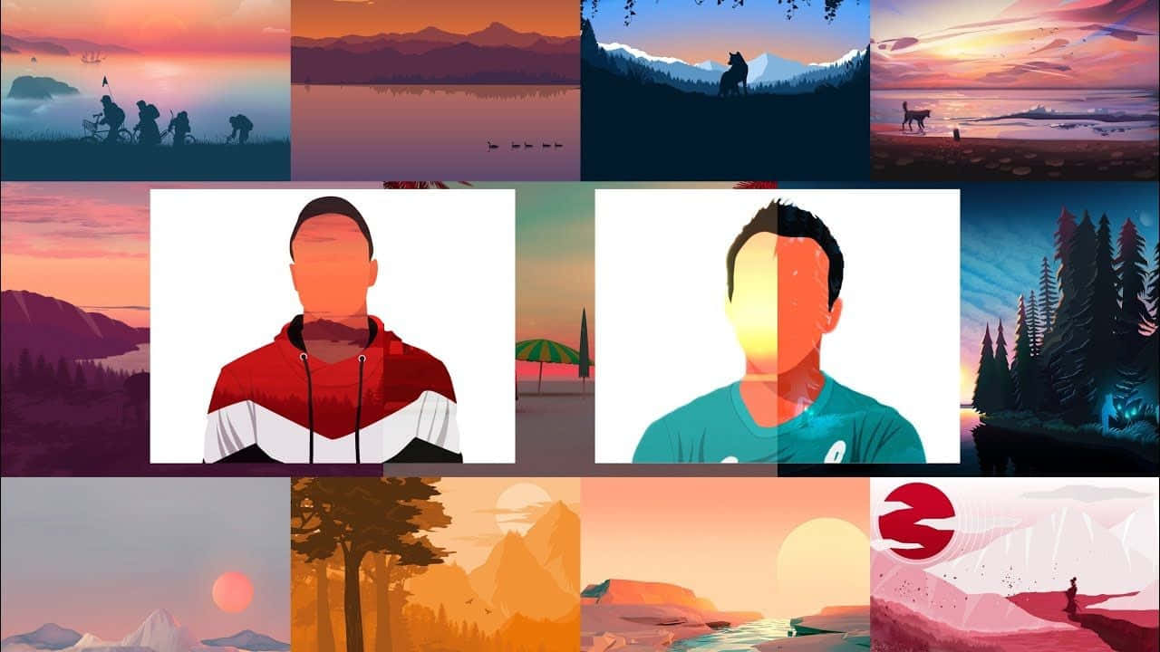 Mkbhd 桌布 壁紙 — 一幅風格化數位藝術拼貼畫， featuring 山景日落、剪影人物和抽象人像，背景是充滿活力的橙色和紫色天空。