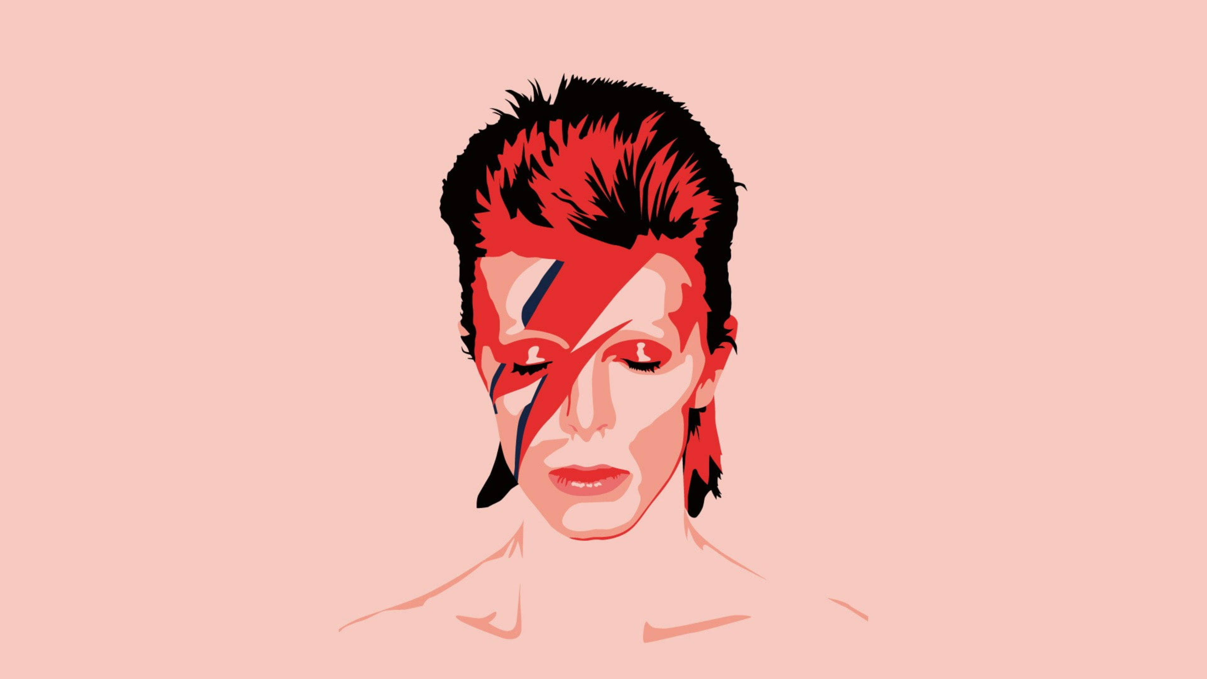 大衛·鮑伊 桌布 壁紙 — 一幅風格化的 David Bowie 插圖，帶有標誌性的紅色和藍色閃電妝容，背景為柔和的粉紅色。
