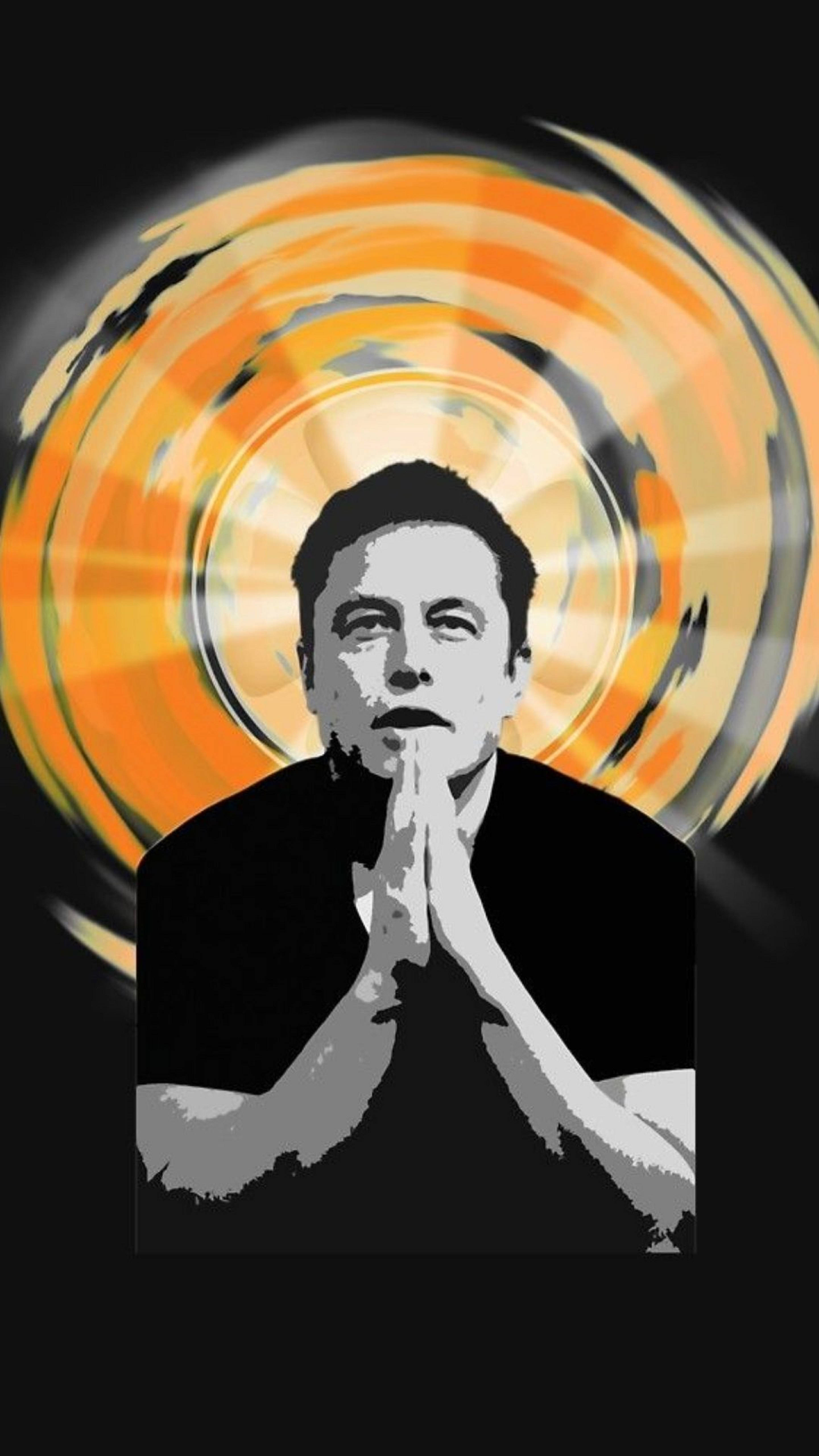 Elon 桌布 壁紙 — 一幅風格化的 Elon Musk 肖像，雙手交握，背景是旋轉的橙色和黑色光環。