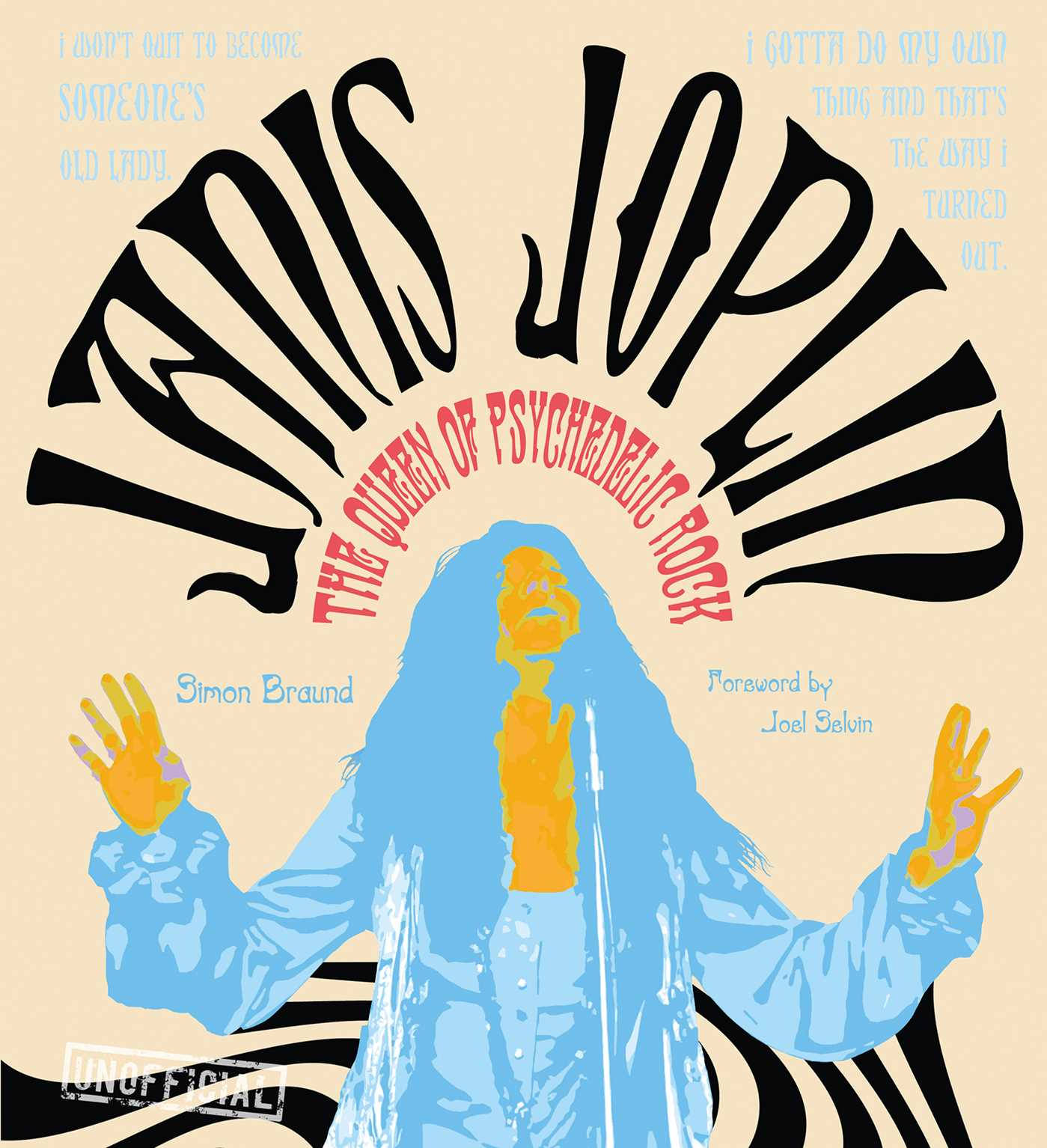 珍妮絲·賈普林抽象藝術 壁紙 — 一幅風格化的 Janis Joplin 插圖，長髮高舉雙手，背景為米色，帶有迷幻文字和黑白漩渦。