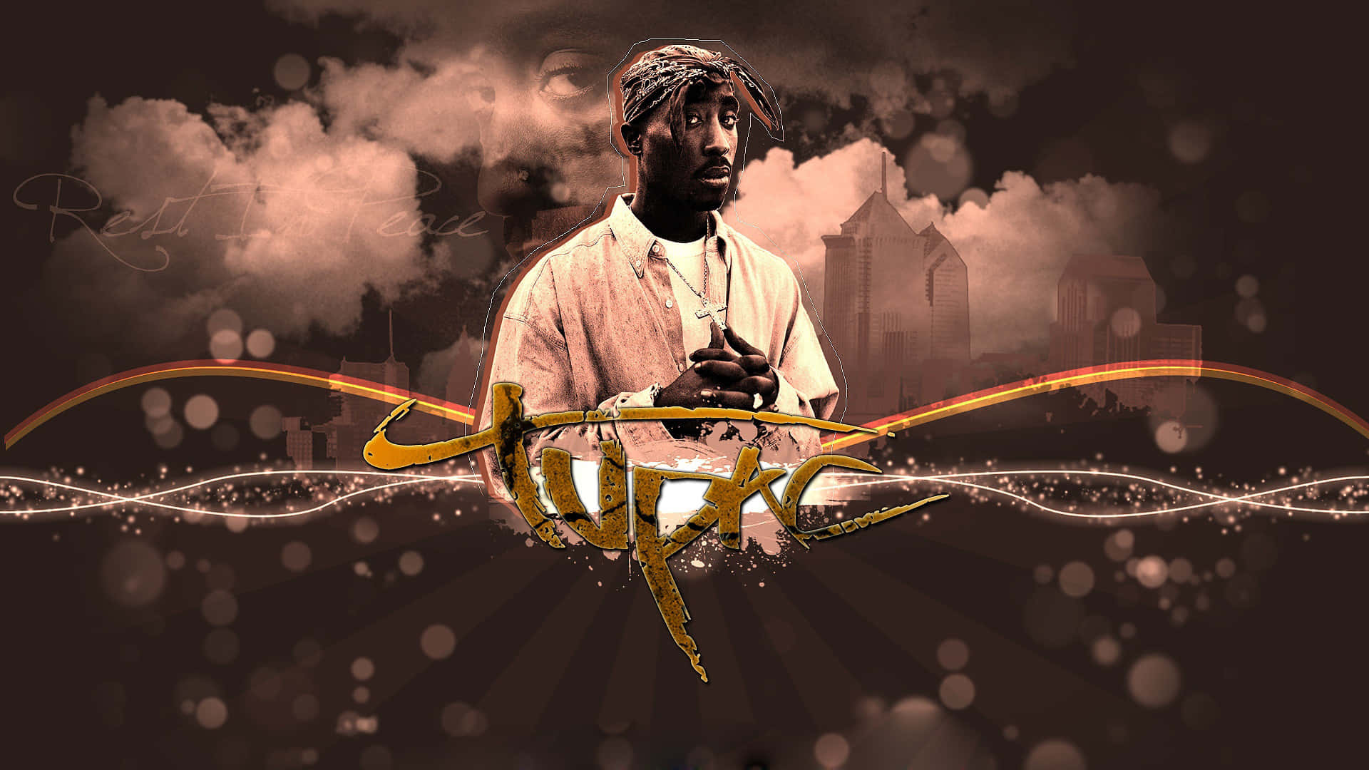 Tupac Shakur 肖像，帶有金色塗鴉文字和身後的城市天際線。 — Tupac GIF 壁紙