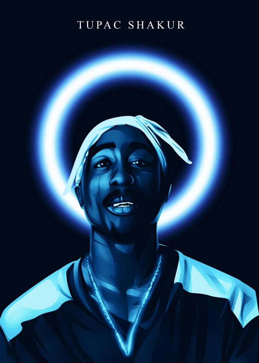 tupac 桌布 壁紙 — 一幅風格化的 Tupac Shakur 肖像，在黑暗背景上帶有發光的藍色光環。