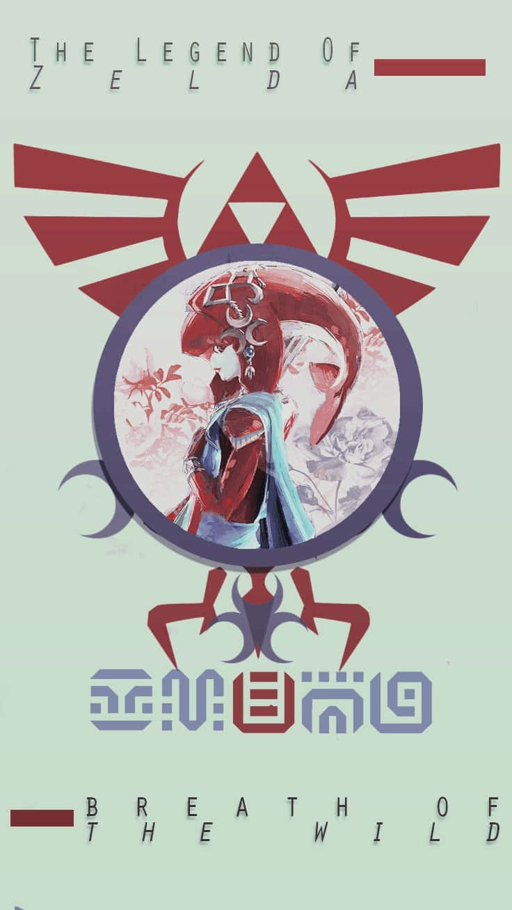 The Legend Of Zelda Mipha 桌布 壁紙 — 一幅風格化的《曠野之息》薩爾達插圖，以遊戲標誌性的紅色三角力量符號框住，背景為淡綠色。