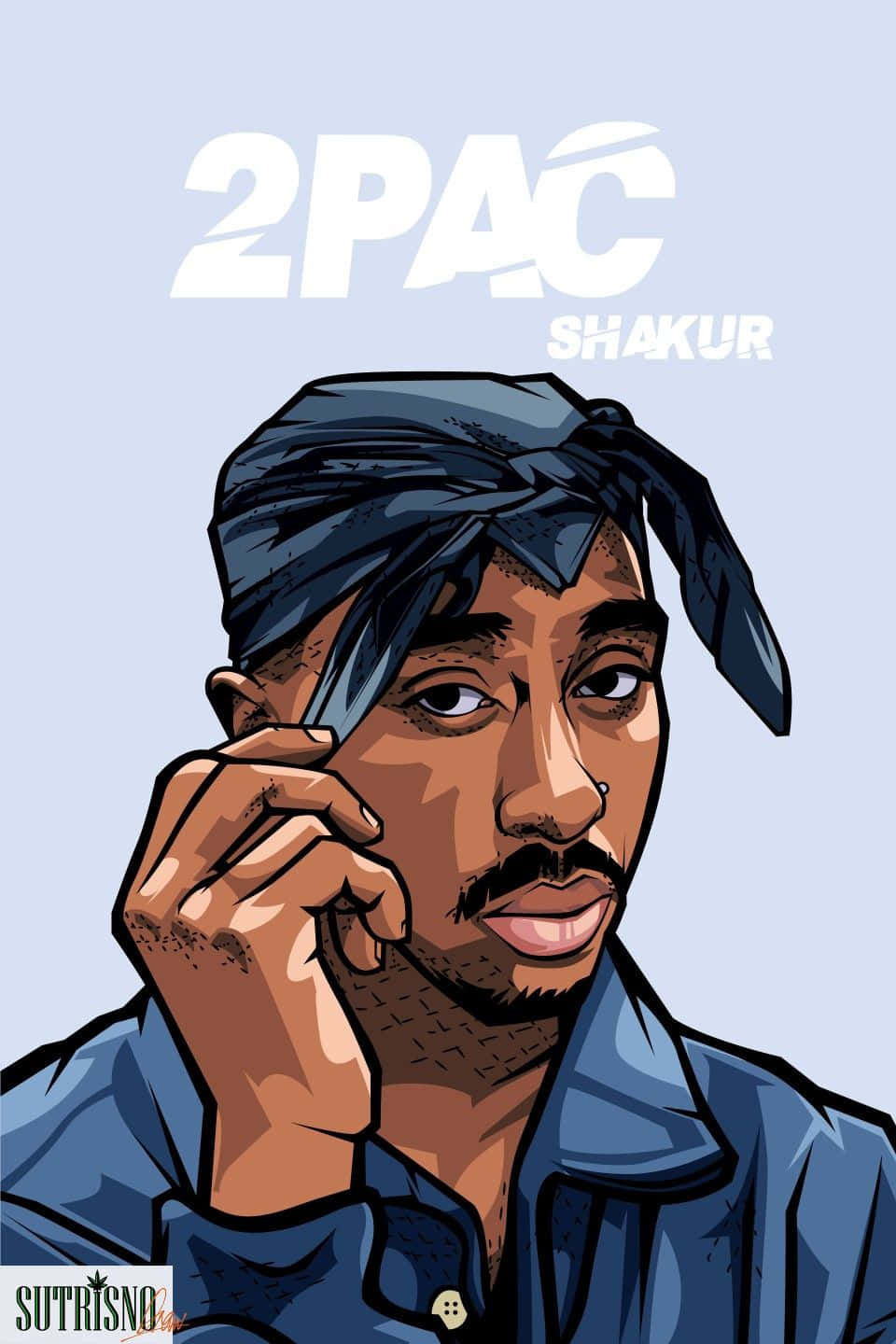 桌布 壁紙 — 一幅風格化的2Pac Shakur插圖，戴著藍色頭巾和牛仔襯衫，背景為淺藍色。