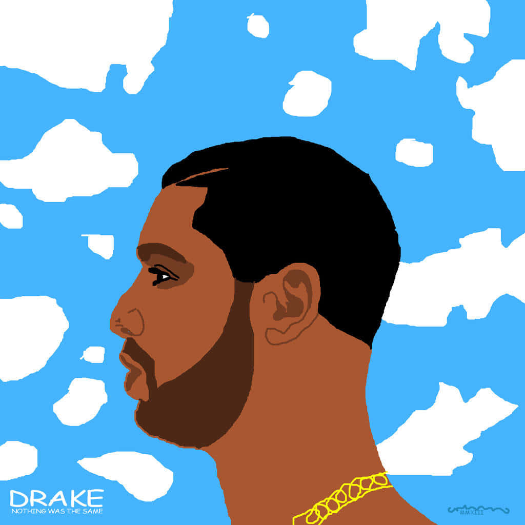 桌布 壁紙 — 一幅風格化的Drake側面插圖，背景是藍天白雲，戴著一條金鏈。